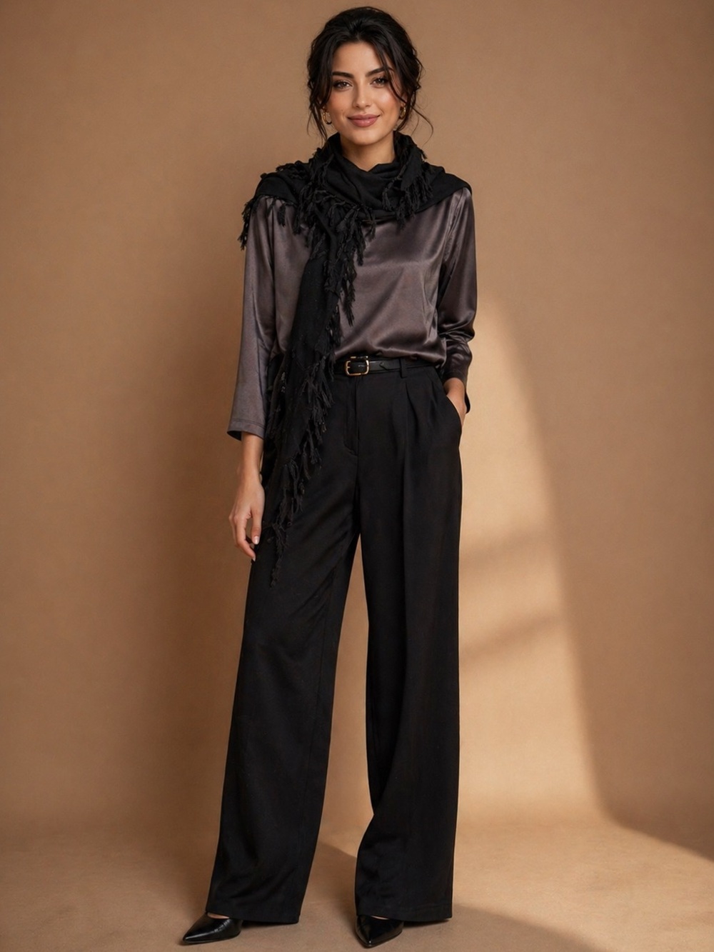 THEROY SILK Dark Gray Long Sleeve Top with black scarf included.